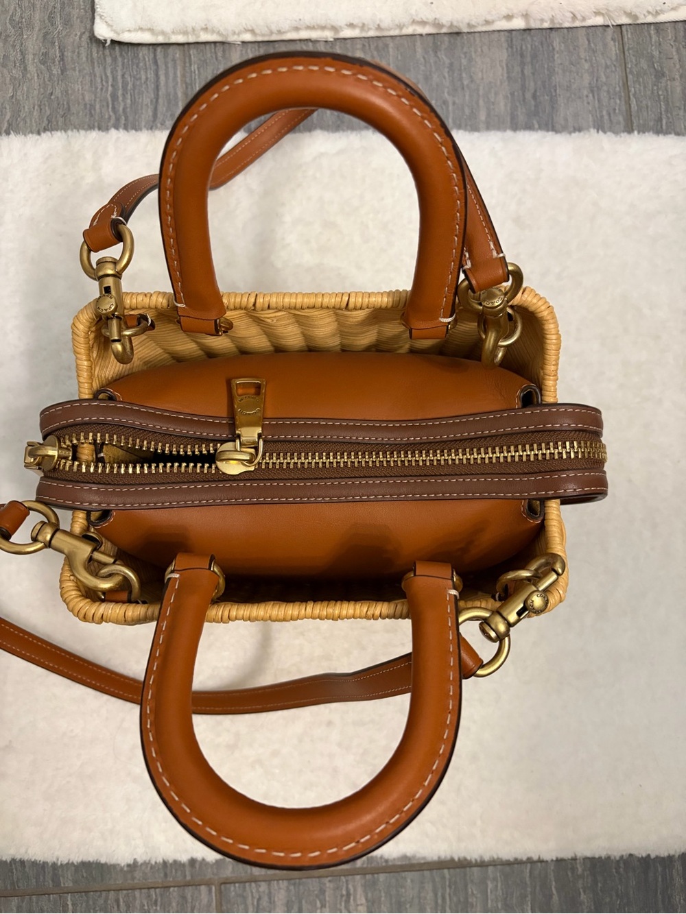 Coach Woven Rattan Tote with Brown Leather Handles and Gold Hardware - Picture 6 of 9